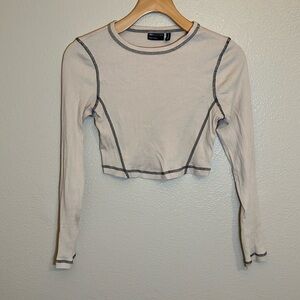 ASOS Design Cream Cotton Long Sleeve Cropped Shirt